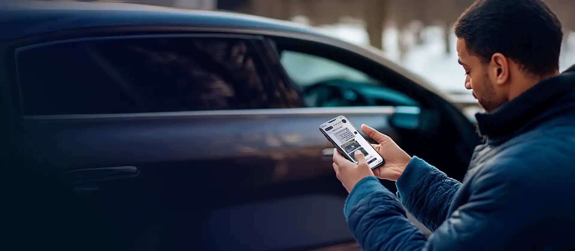 Kunde blickt auf sein Smartphone, um einen KfZ-Schaden zu melden