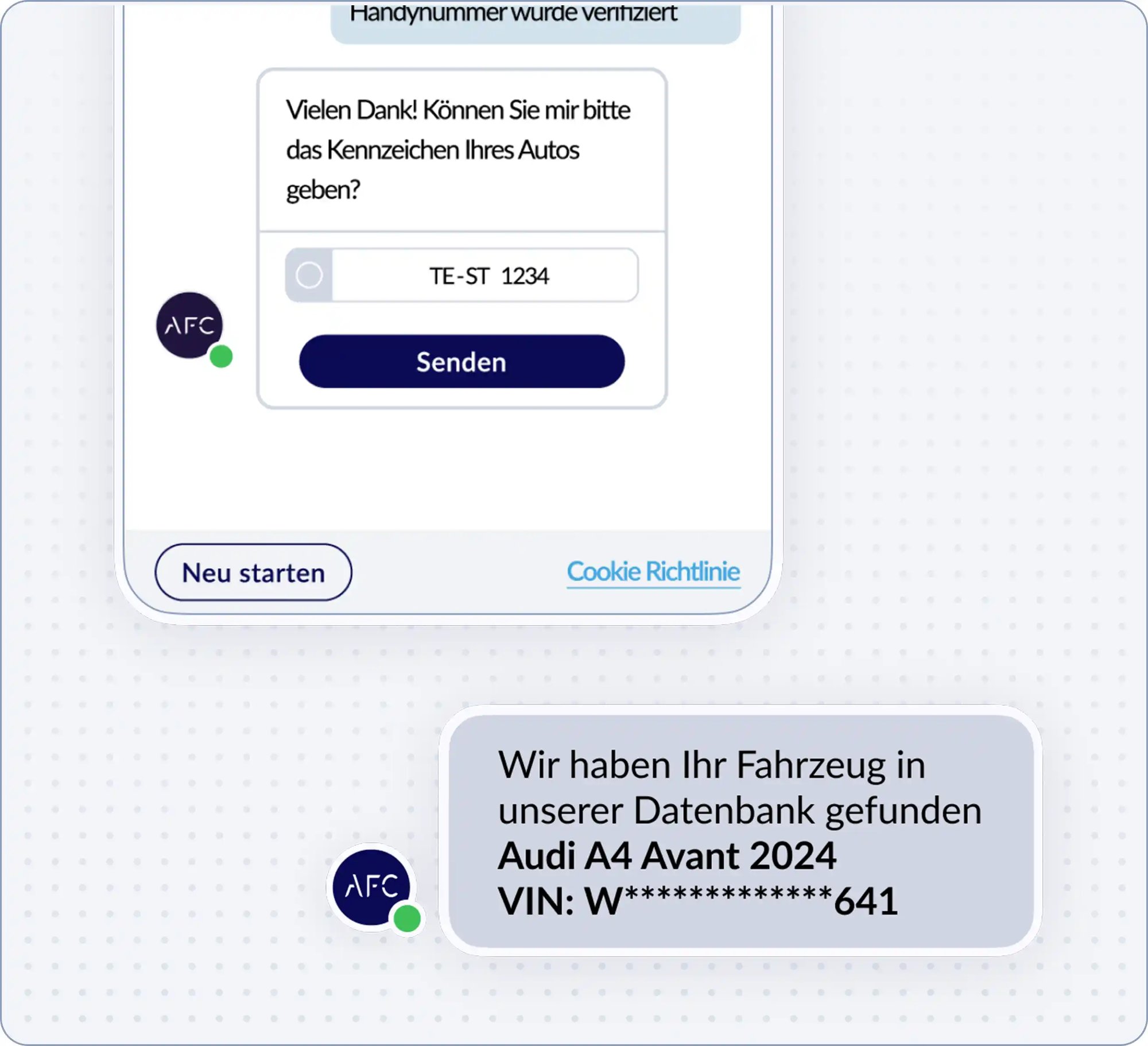 AFC Companion Screen: Kennzeichen eingeben AFC Companion Screen: Kennzeichen eingeben