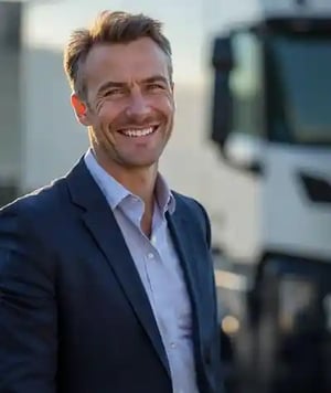 Lächelnder AFC Kunde vor seinem Fuhrpark stehend
