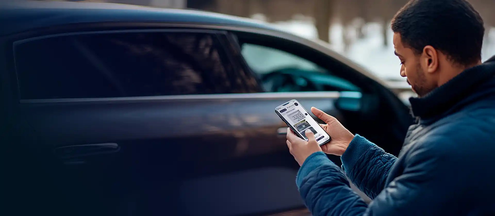 Kunde blickt auf sein Smartphone, um einen KfZ-Schaden zu melden Kunde blickt auf sein Smartphone, um einen KfZ-Schaden zu melden